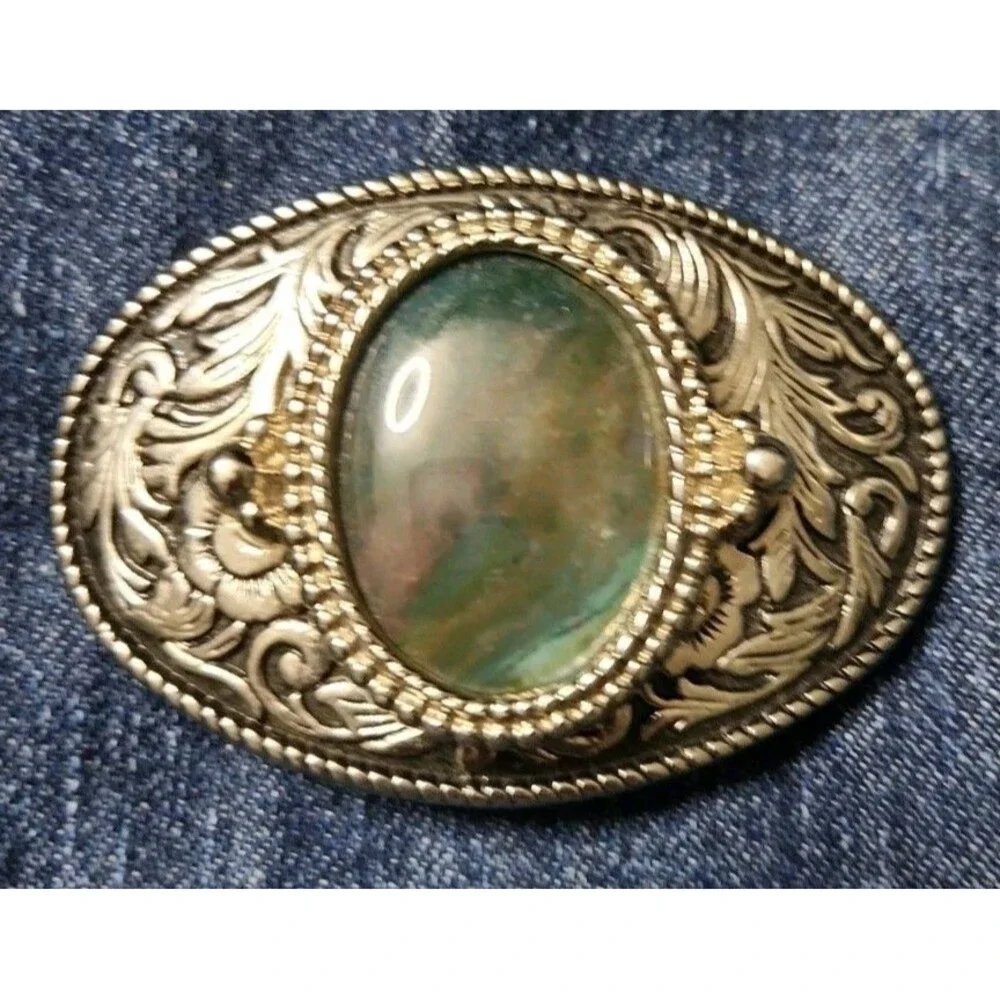 Vintage Western Style Oval Silver Tone Filigree Belt Buckle Green Agate Cabochon